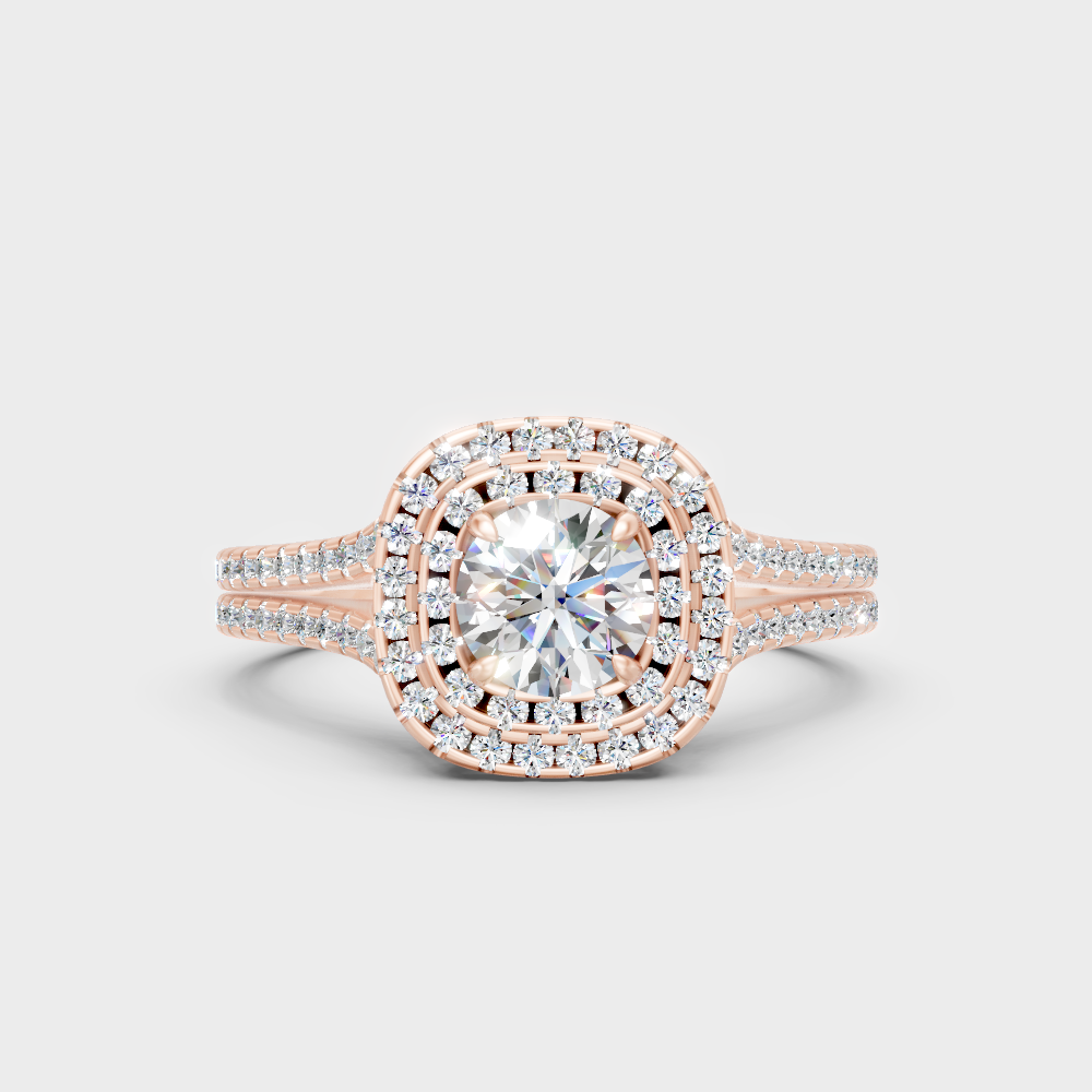 Unique Rose Gold Double Halo Ring Featuring An Igi Certified Round Lab Diamond